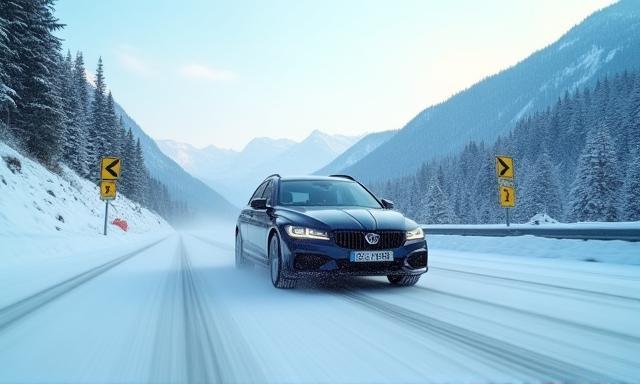 Car driving on snowy Austrian Autobahn with winter tires