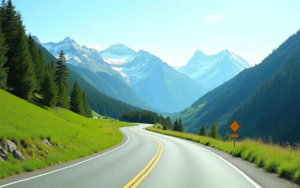 Scenic view of Austrian alpine road with mountains and lush forests